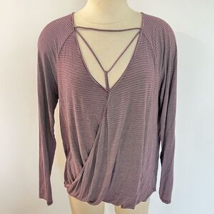 American Eagle Outfitters Soft & Sexy Burgundy Striped Faux Wrap Front Top Large